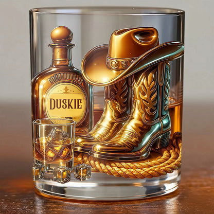 Personalized Cowboy Whiskey Glass - Custom Western Hat & Boots Gift