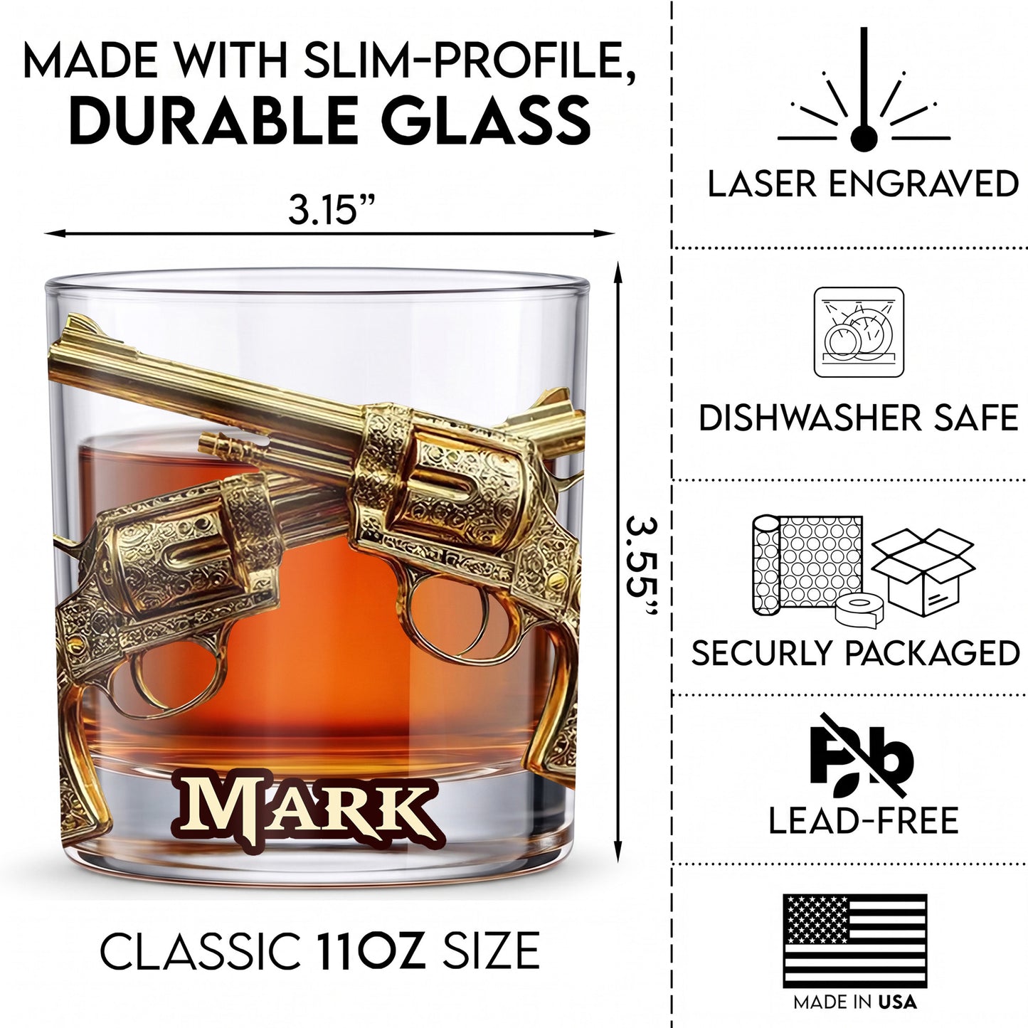 Personalized Crossed Pistols Whiskey Glass - Custom Gun Owner Gift