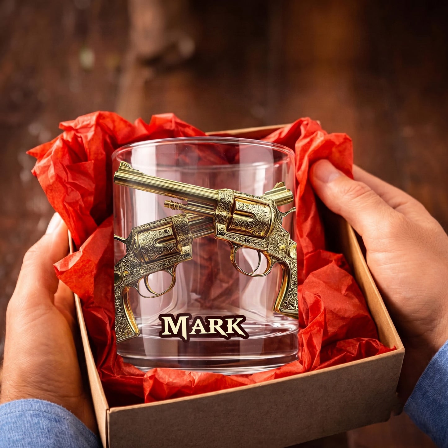 Personalized Crossed Pistols Whiskey Glass - Custom Gun Owner Gift