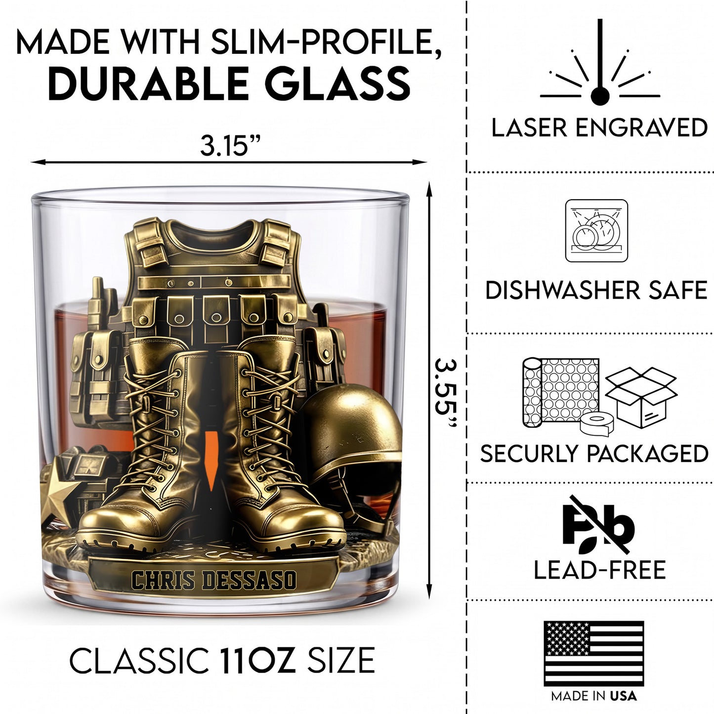Personalized Military Whiskey Glass - Custom Soldier Gear Veteran Gift