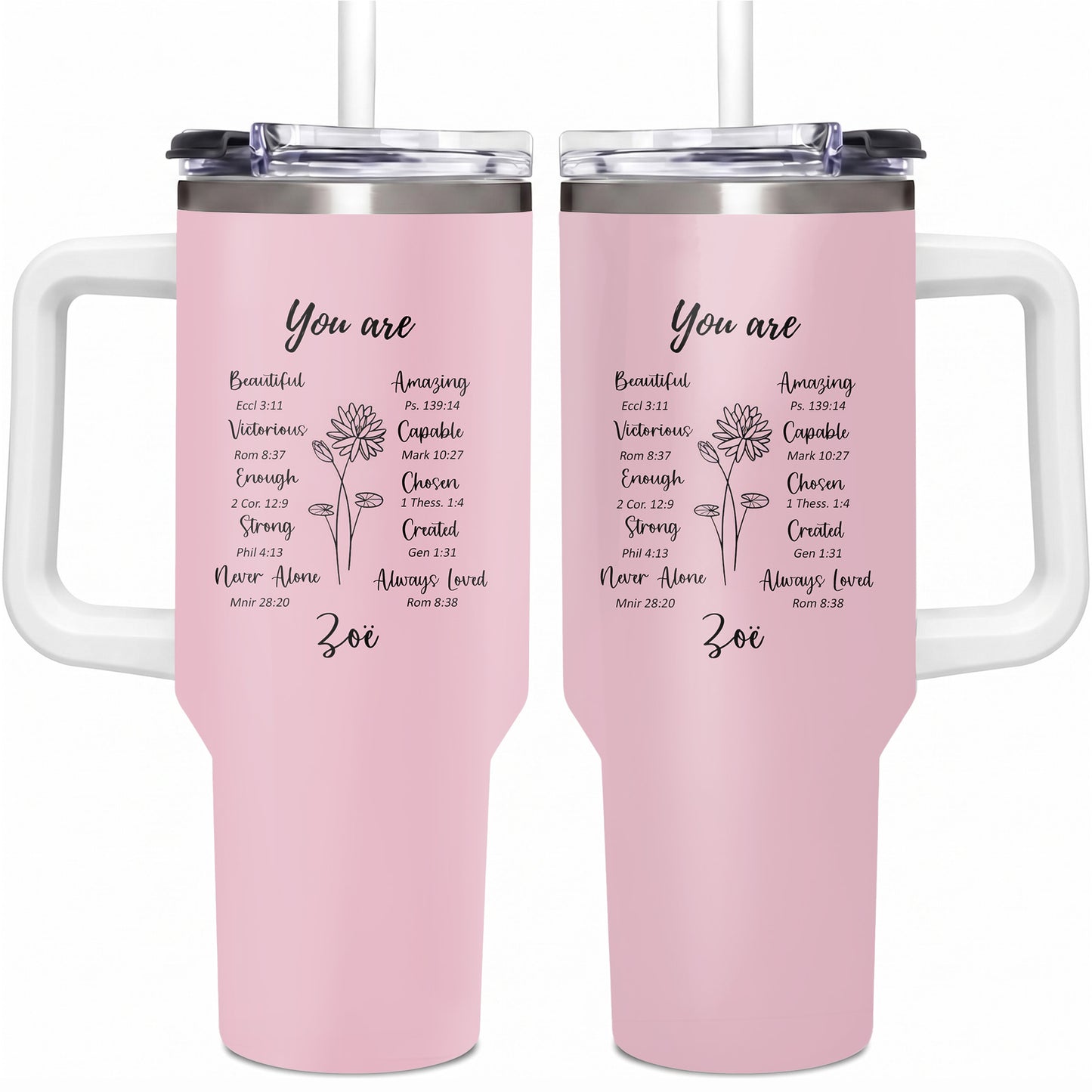 Personalized Christian Affirmation 40oz Tumbler with Handle, Custom Bible Verse Birth Flower Cup, Religious Encouragement Gift for Women