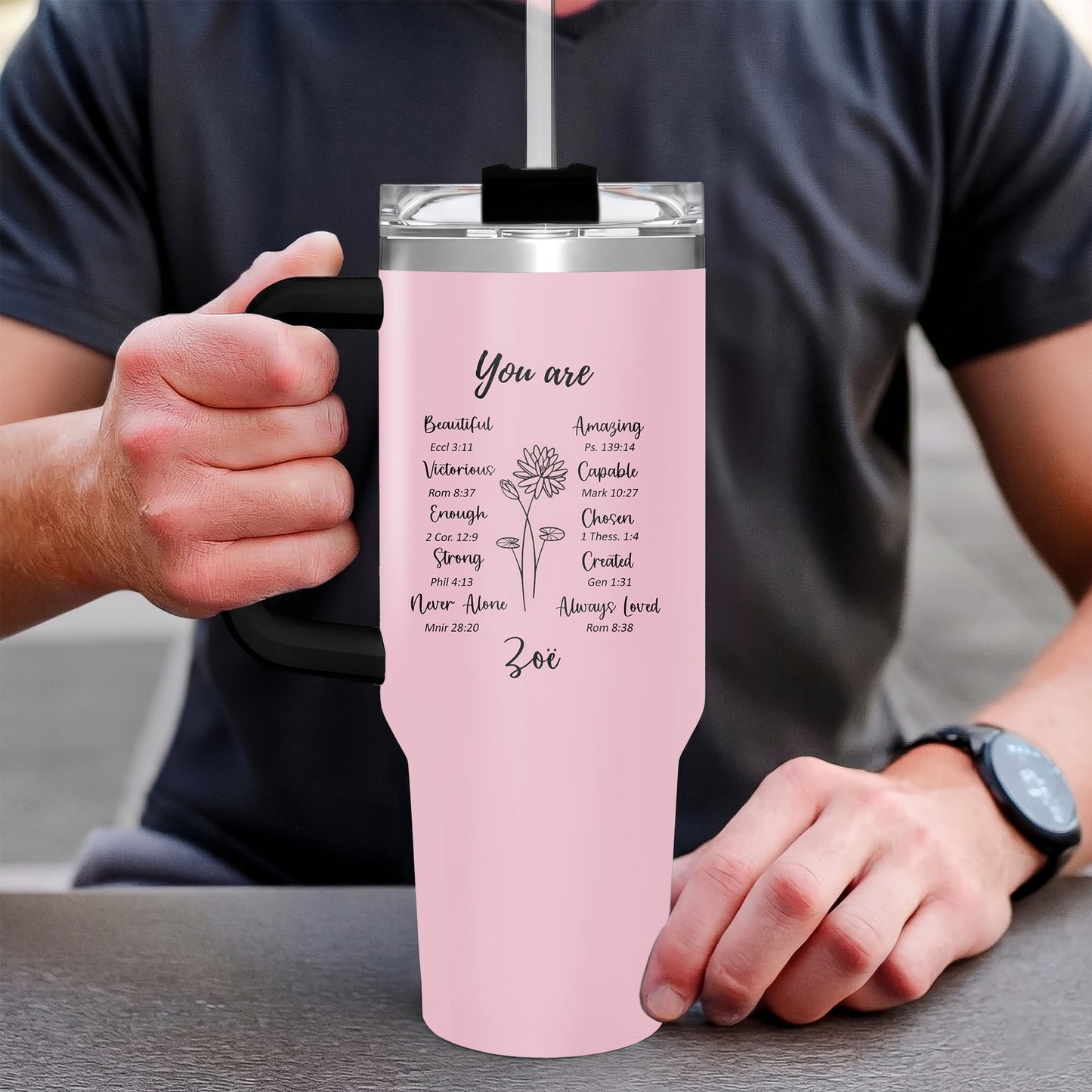 Personalized Christian Affirmation 40oz Tumbler with Handle, Custom Bible Verse Birth Flower Cup, Religious Encouragement Gift for Women