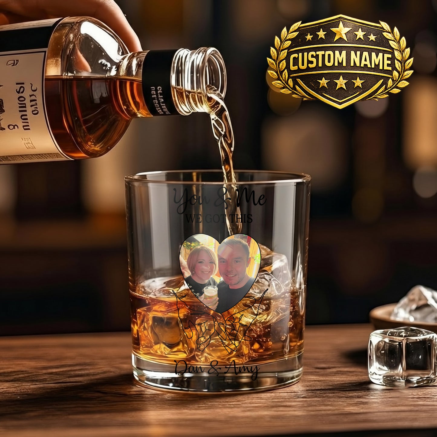 Personalized Couple Whiskey Glass - Custom Photo & Names Gift