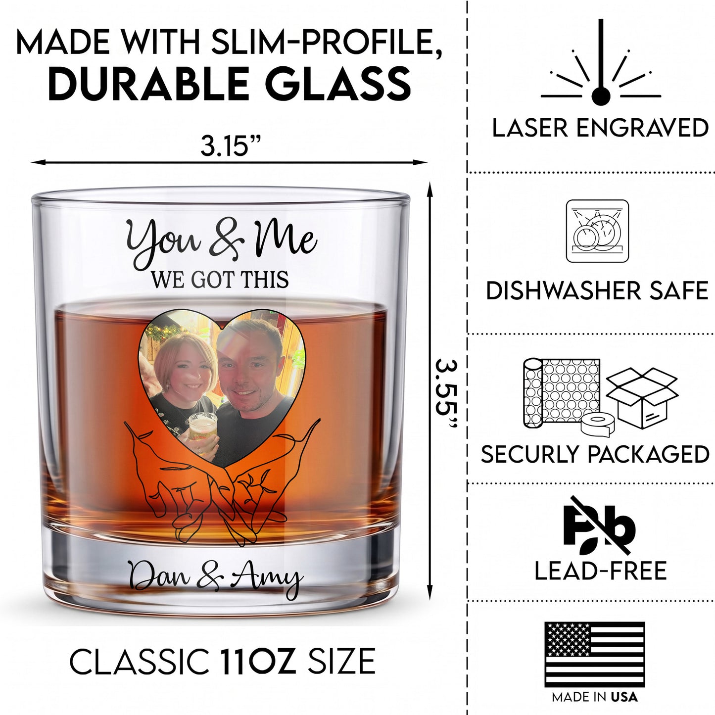 Personalized Couple Whiskey Glass - Custom Photo & Names Gift