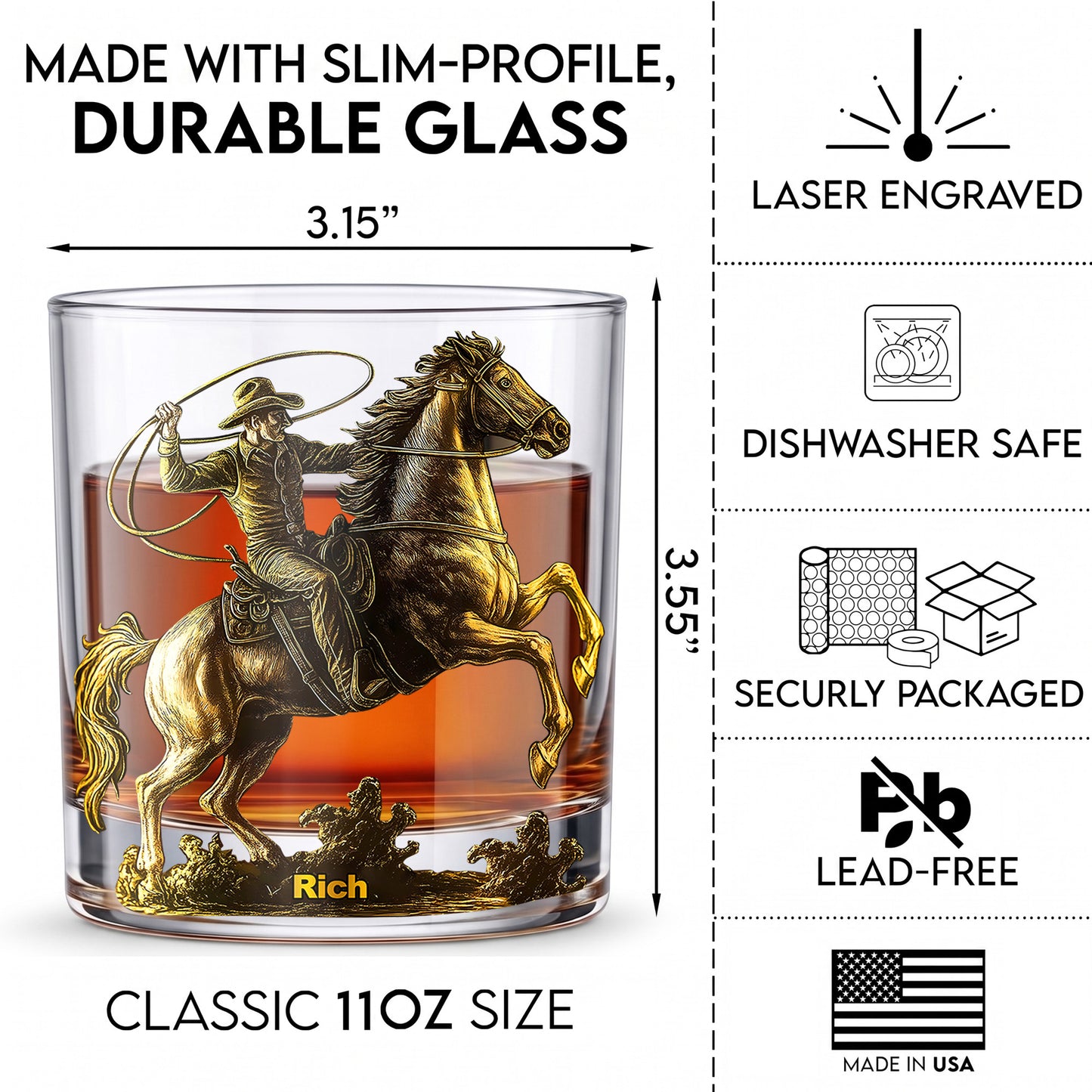 Personalized Western Whiskey Glass - Custom Cowboy & Horse Gift