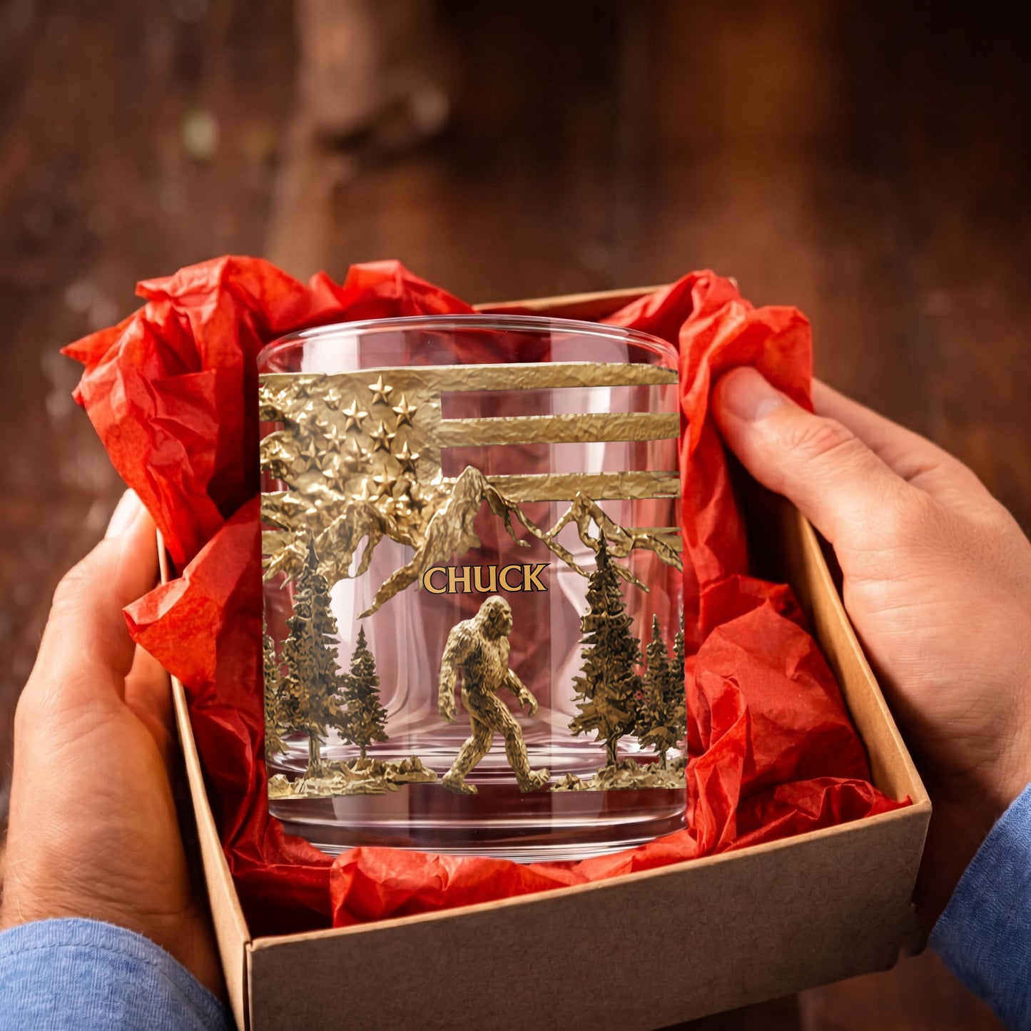 Personalized Bigfoot Whiskey Glass - Custom Sasquatch Wilderness Gift