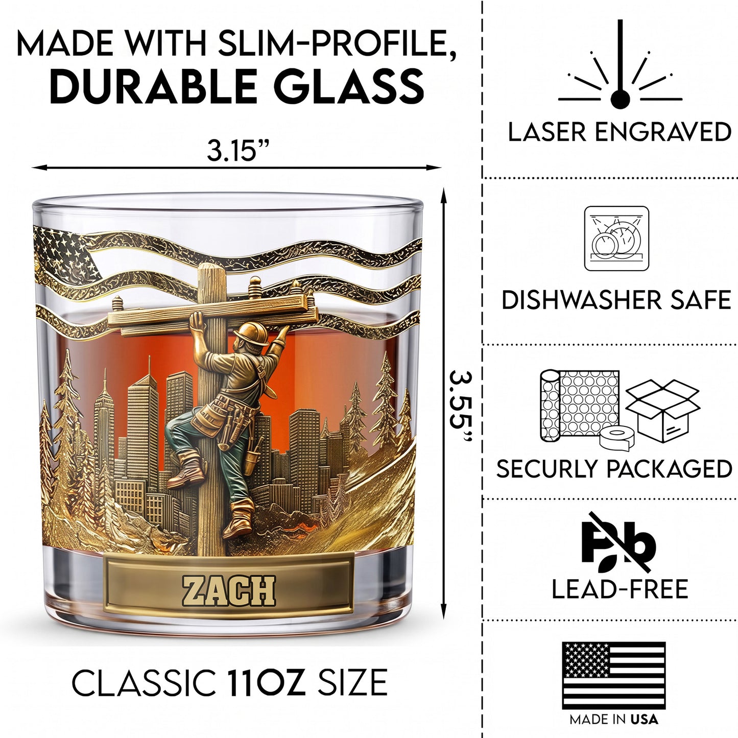 Personalized Lineman Whiskey Glass - Custom Utility Worker Gift