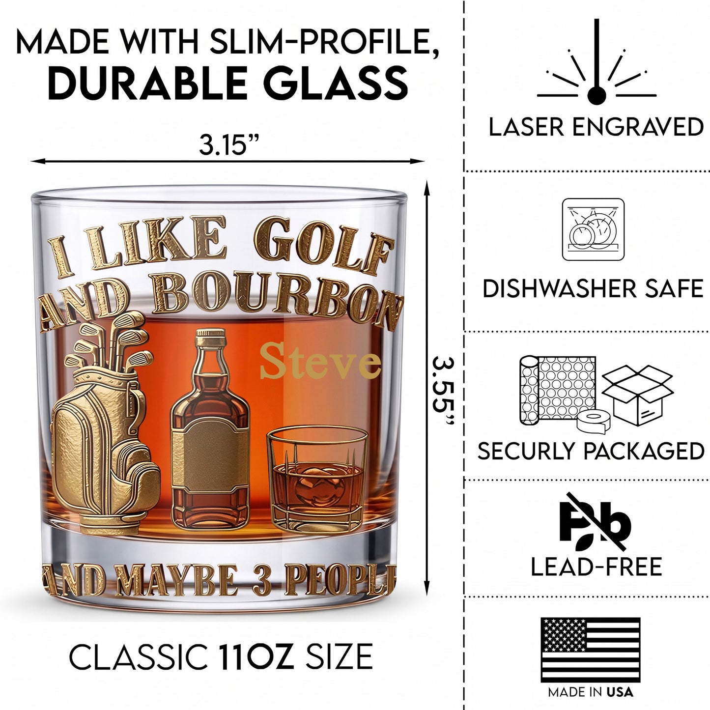 Personalized Golf & Bourbon Whiskey Glass - Custom Sports Lover Gift