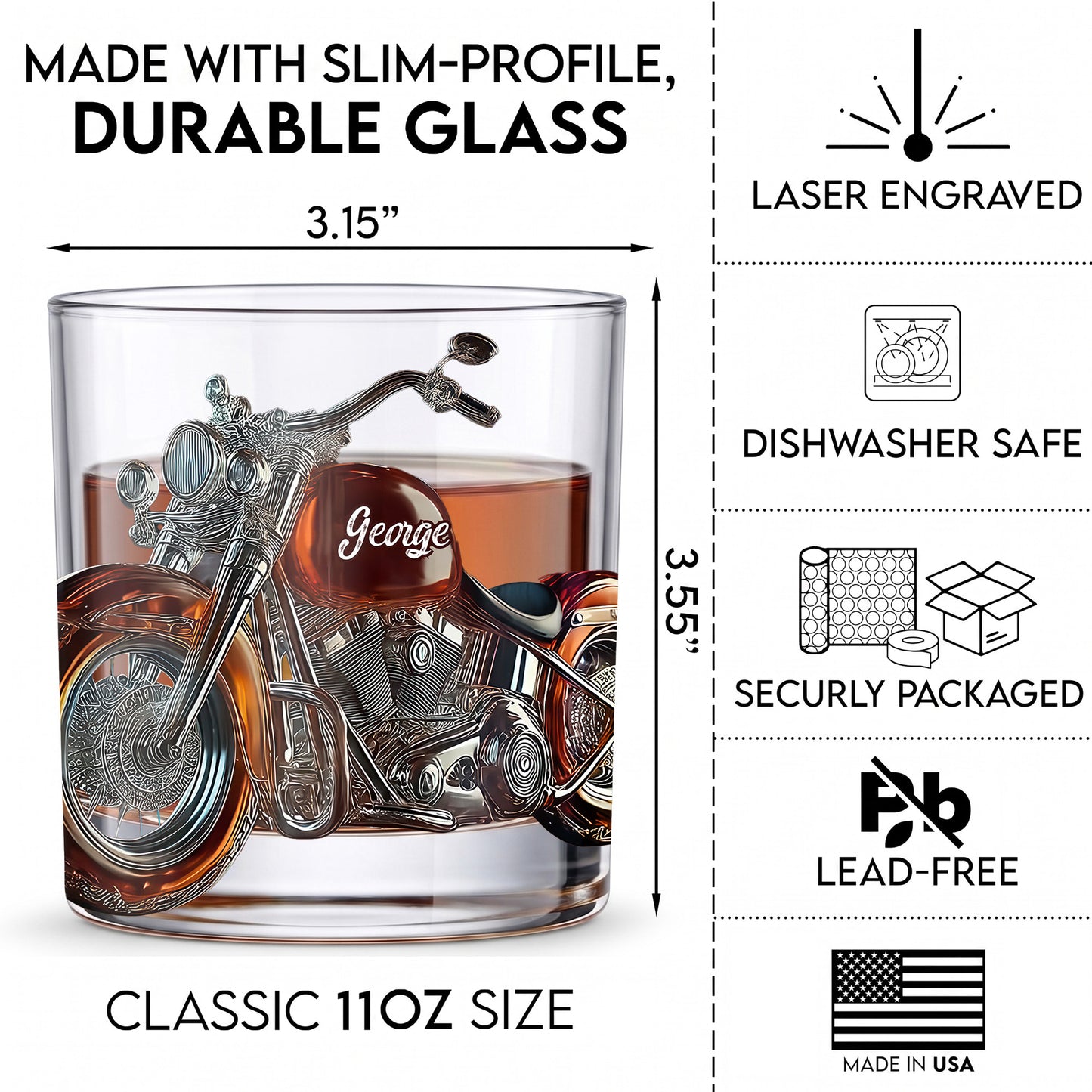 Personalized Motorcycle Whiskey Glass - Custom Cruiser Bike Gift