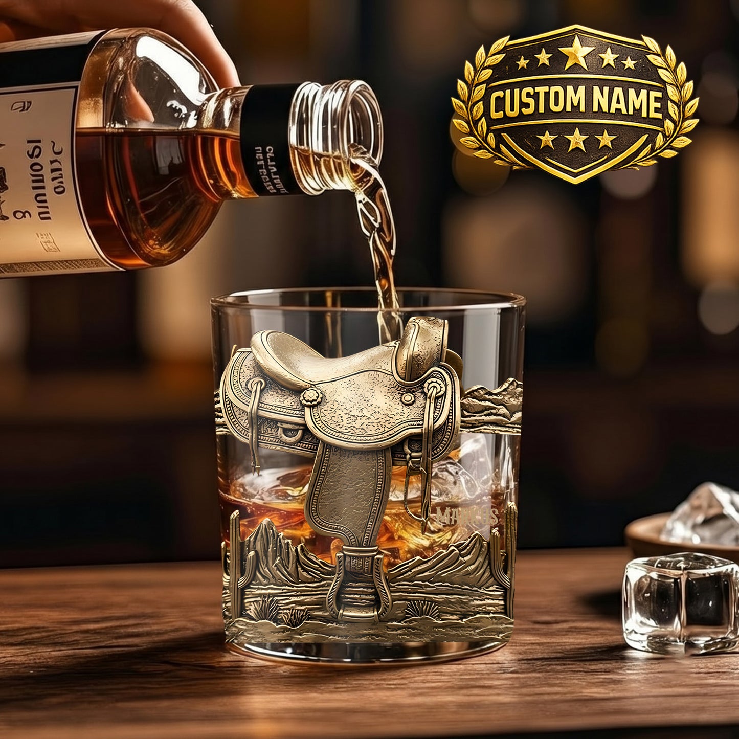 Personalized Western Saddle Whiskey Glass - Custom Cowboy Barware Gift