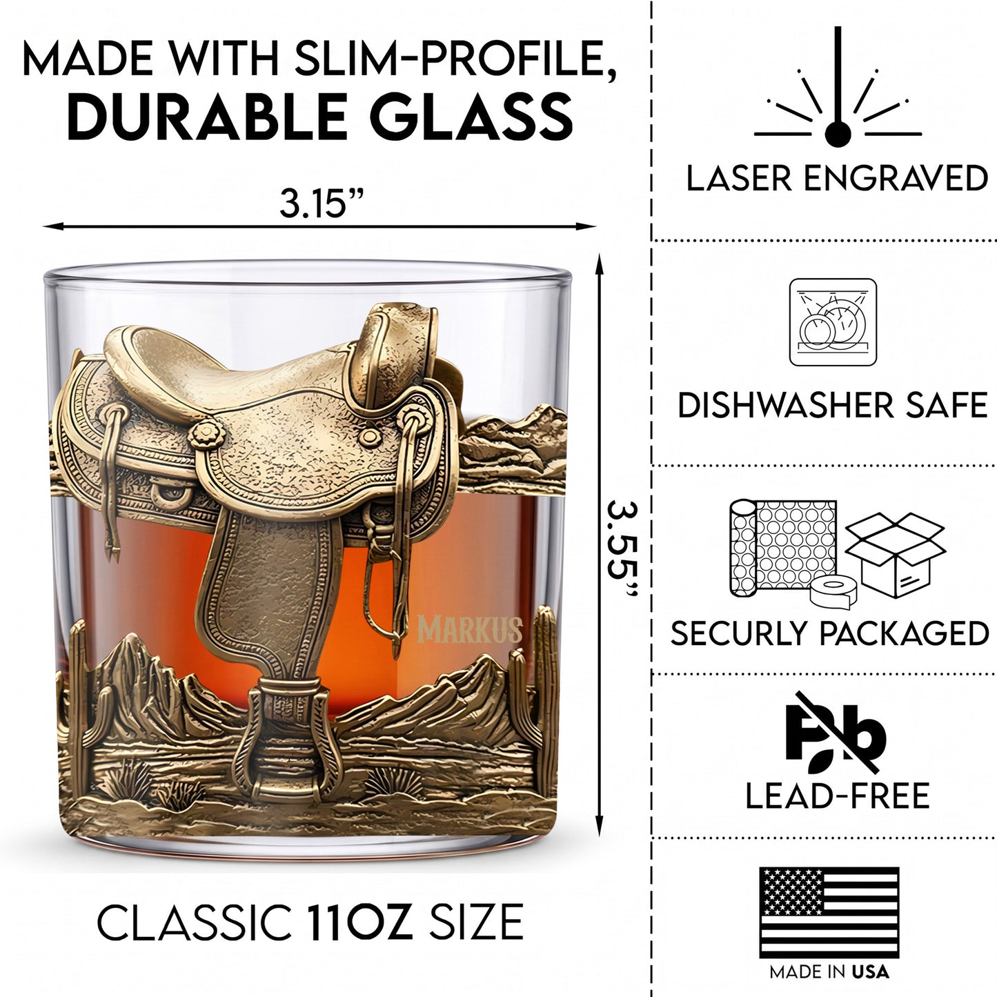 Personalized Western Saddle Whiskey Glass - Custom Cowboy Barware Gift