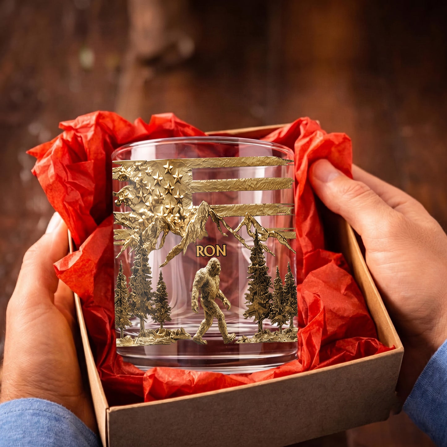 Personalized Bigfoot Whiskey Glass - Custom Sasquatch Wilderness Gift