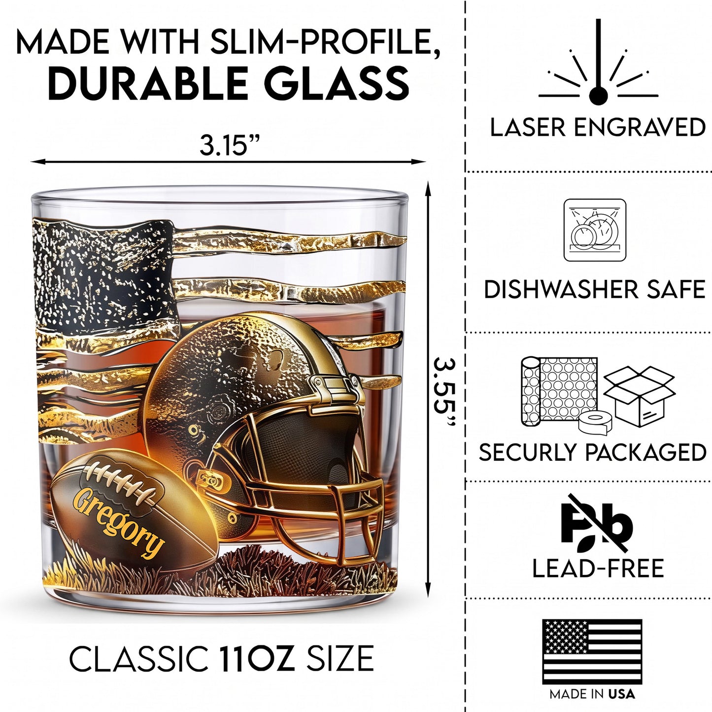 Personalized Football Whiskey Glass - Custom Sports Fan Barware Gift