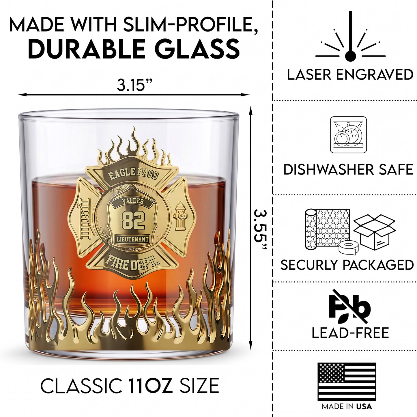 Personalized Firefighter Whiskey Glass - Custom Fire Dept Gift