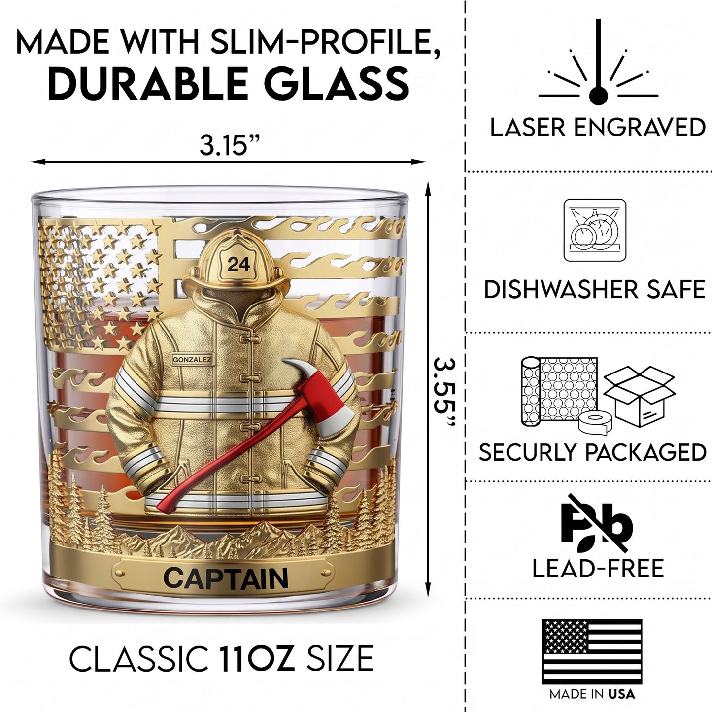 Personalized Firefighter Whiskey Glass - Custom Fire Dept Gift