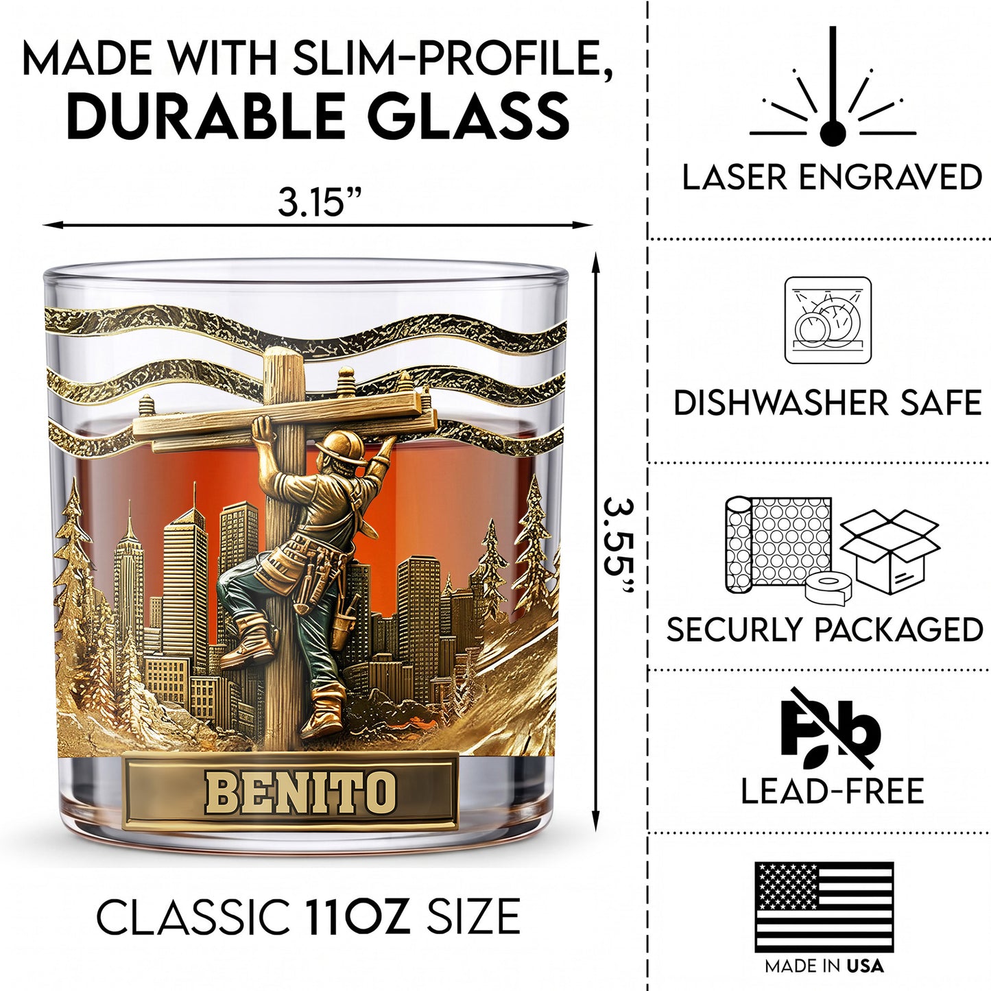 Personalized Lineman Whiskey Glass - Custom Utility Worker Gift