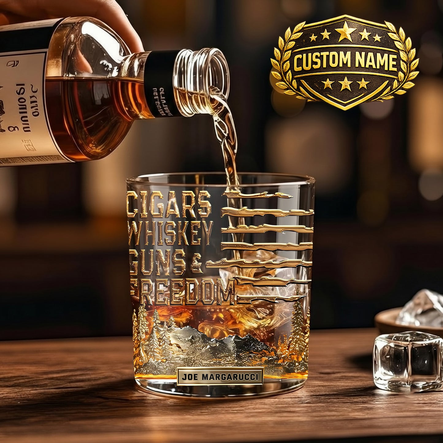 Personalized Freedom Whiskey Glass - Custom Cigars & Guns Barware Gift
