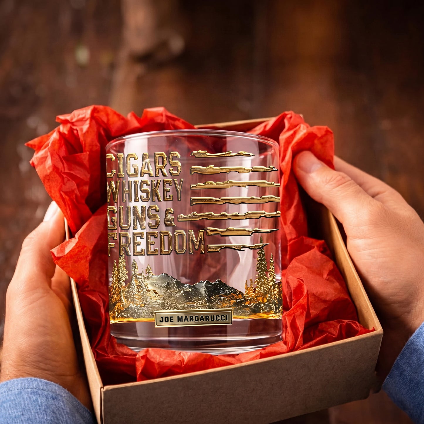 Personalized Freedom Whiskey Glass - Custom Cigars & Guns Barware Gift