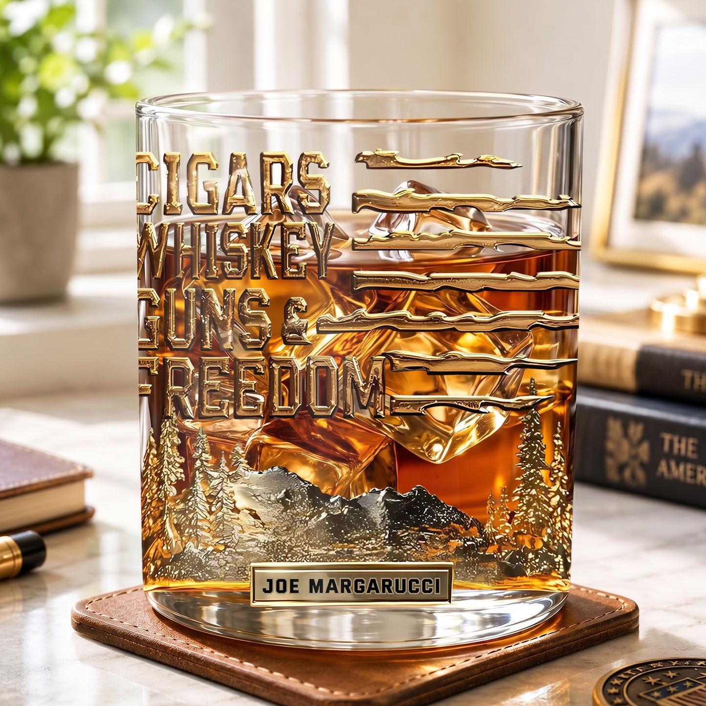 Personalized Freedom Whiskey Glass - Custom Cigars & Guns Barware Gift