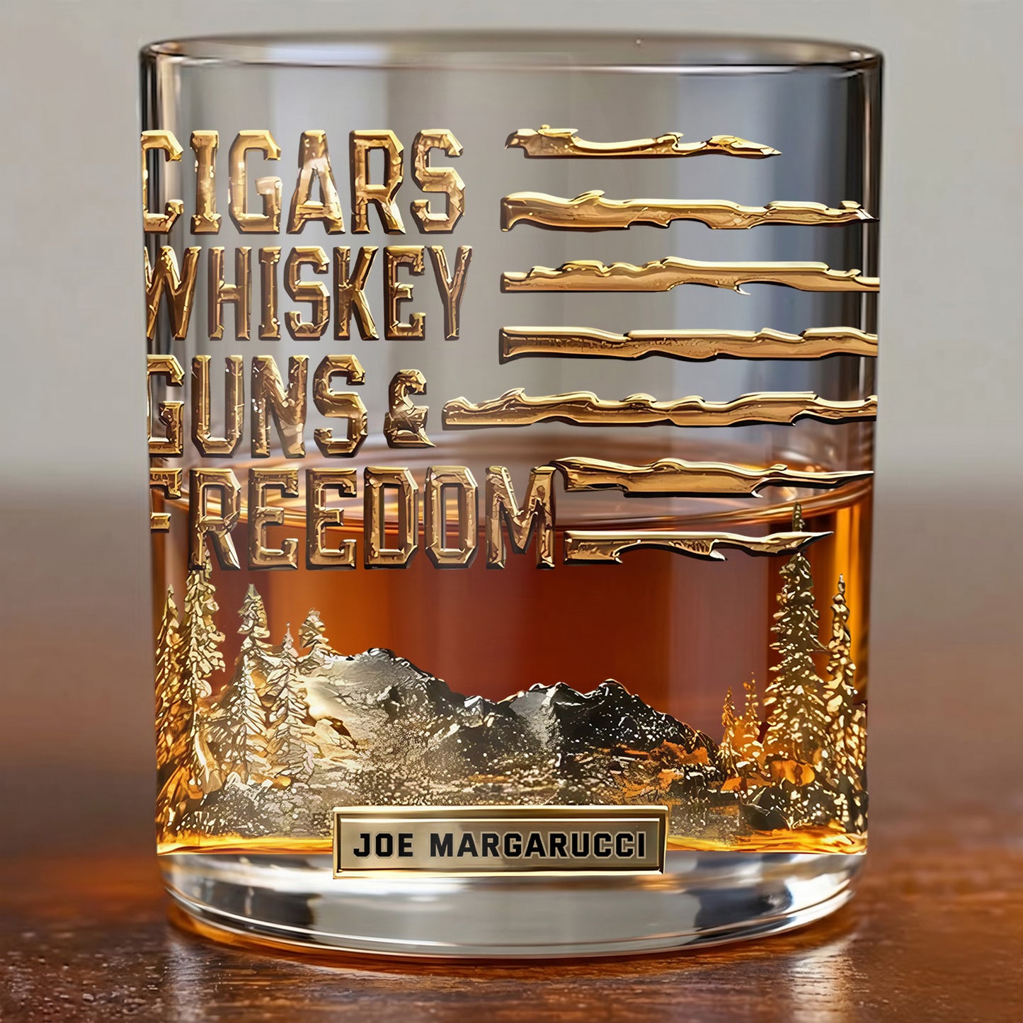 Personalized Freedom Whiskey Glass - Custom Cigars & Guns Barware Gift