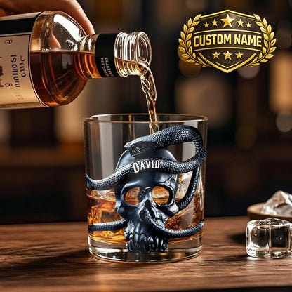 Personalized Snake Skull Whiskey Glass - Custom Gothic Gift