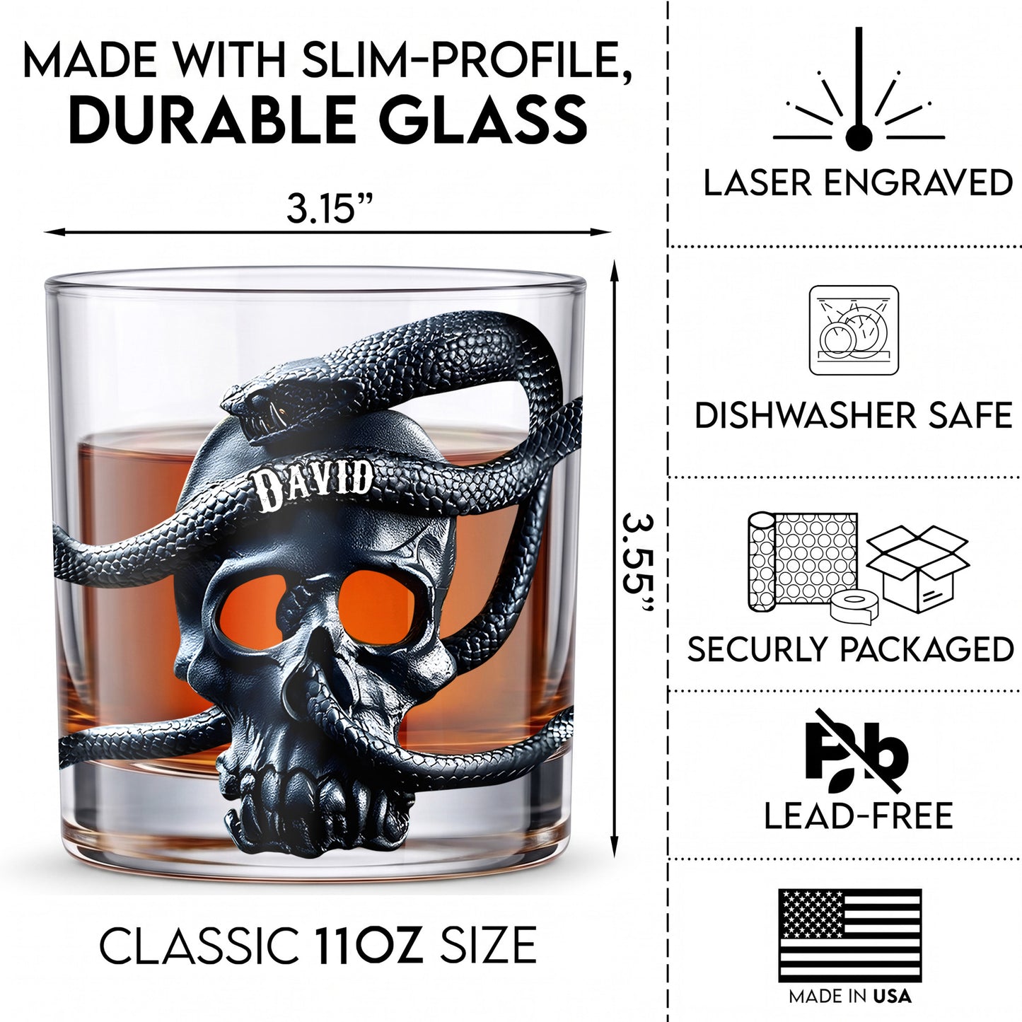 Personalized Snake Skull Whiskey Glass - Custom Gothic Gift