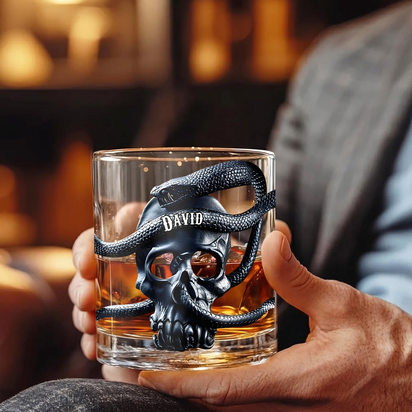 Personalized Snake Skull Whiskey Glass - Custom Gothic Gift