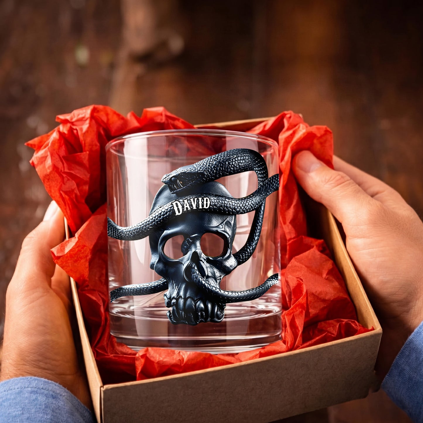 Personalized Snake Skull Whiskey Glass - Custom Gothic Gift
