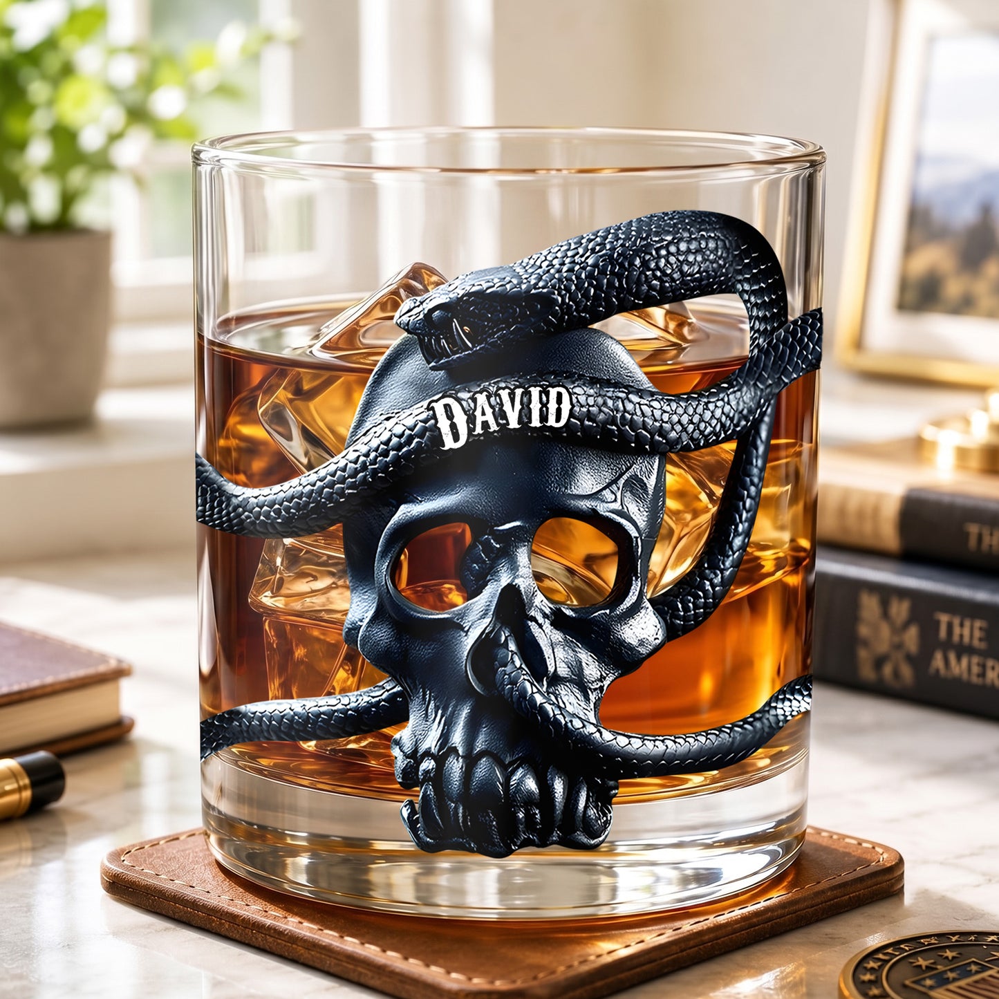 Personalized Snake Skull Whiskey Glass - Custom Gothic Gift