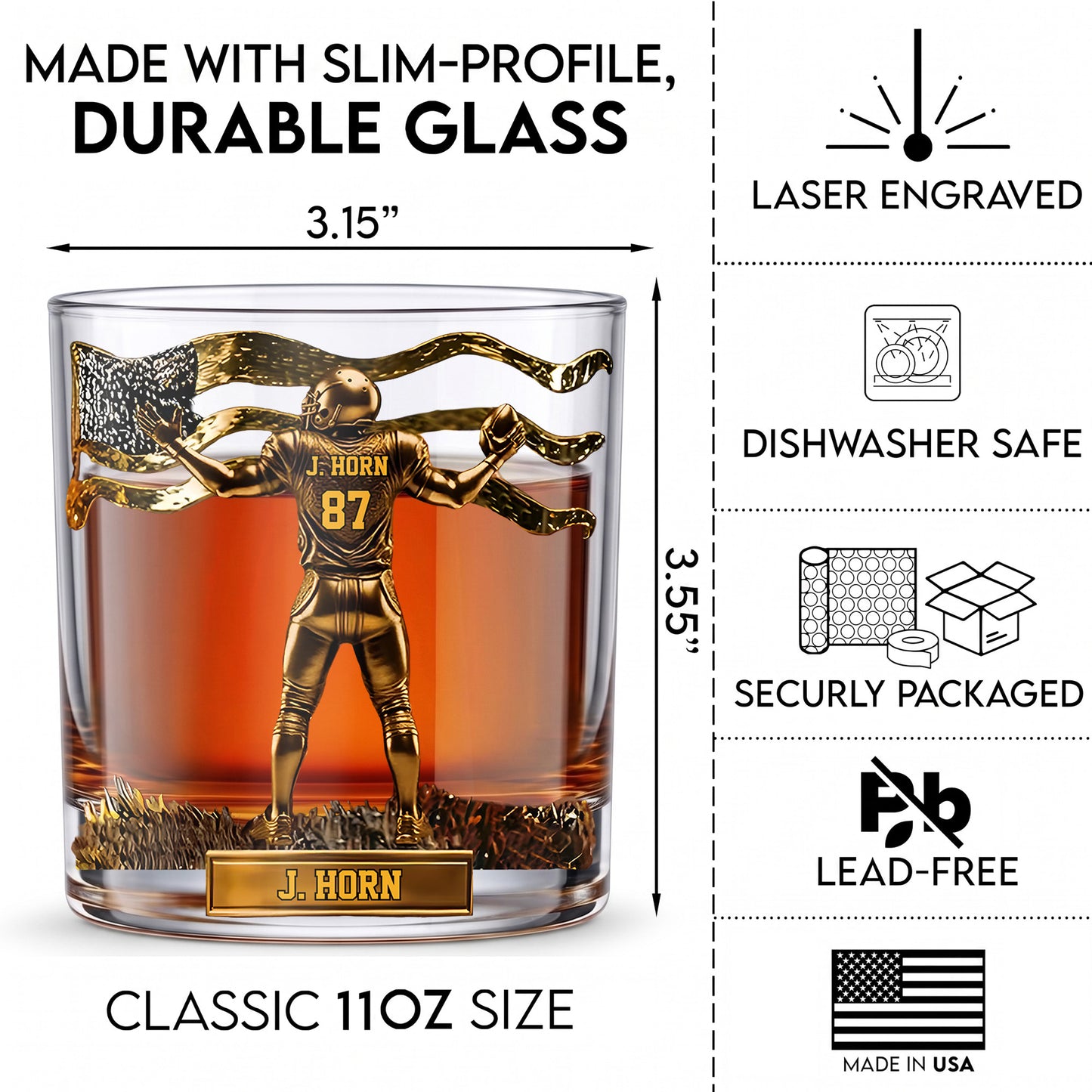 Personalized Football Whiskey Glass - Custom Touchdown Fan Gift