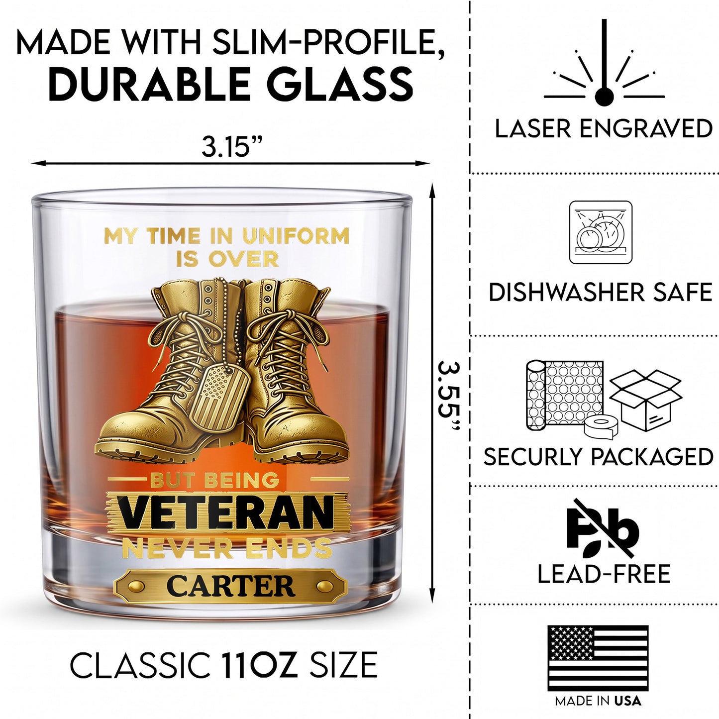 Personalized Veteran Whiskey Glass - Custom Military Retirement Gift