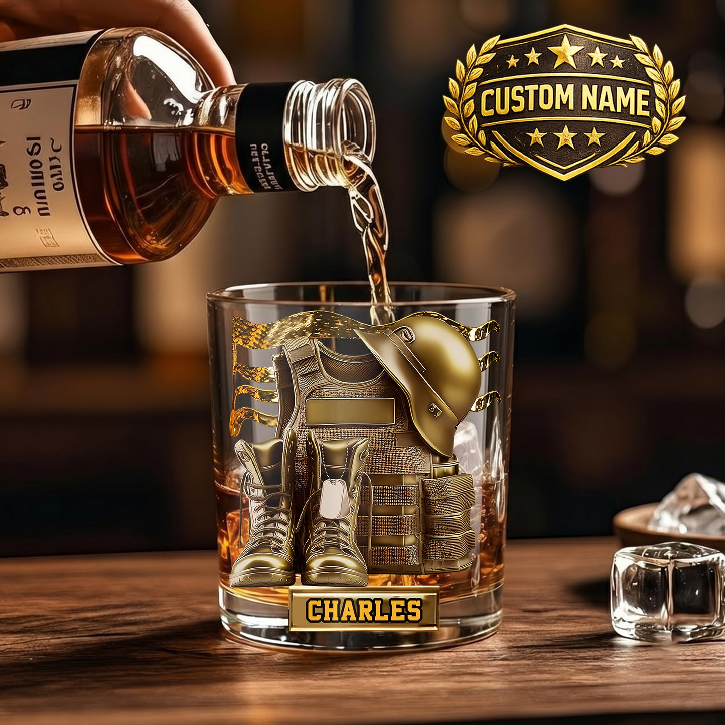 Personalized Military Whiskey Glass - Custom Veteran Gift