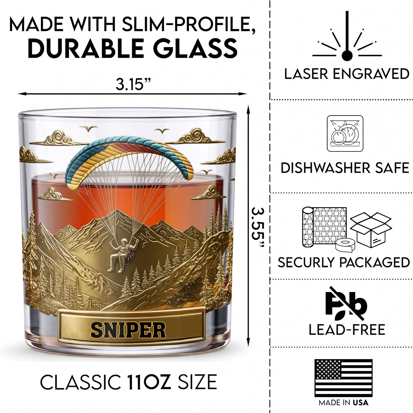 Personalized Paragliding Whiskey Glass - Custom Sky Master Gift