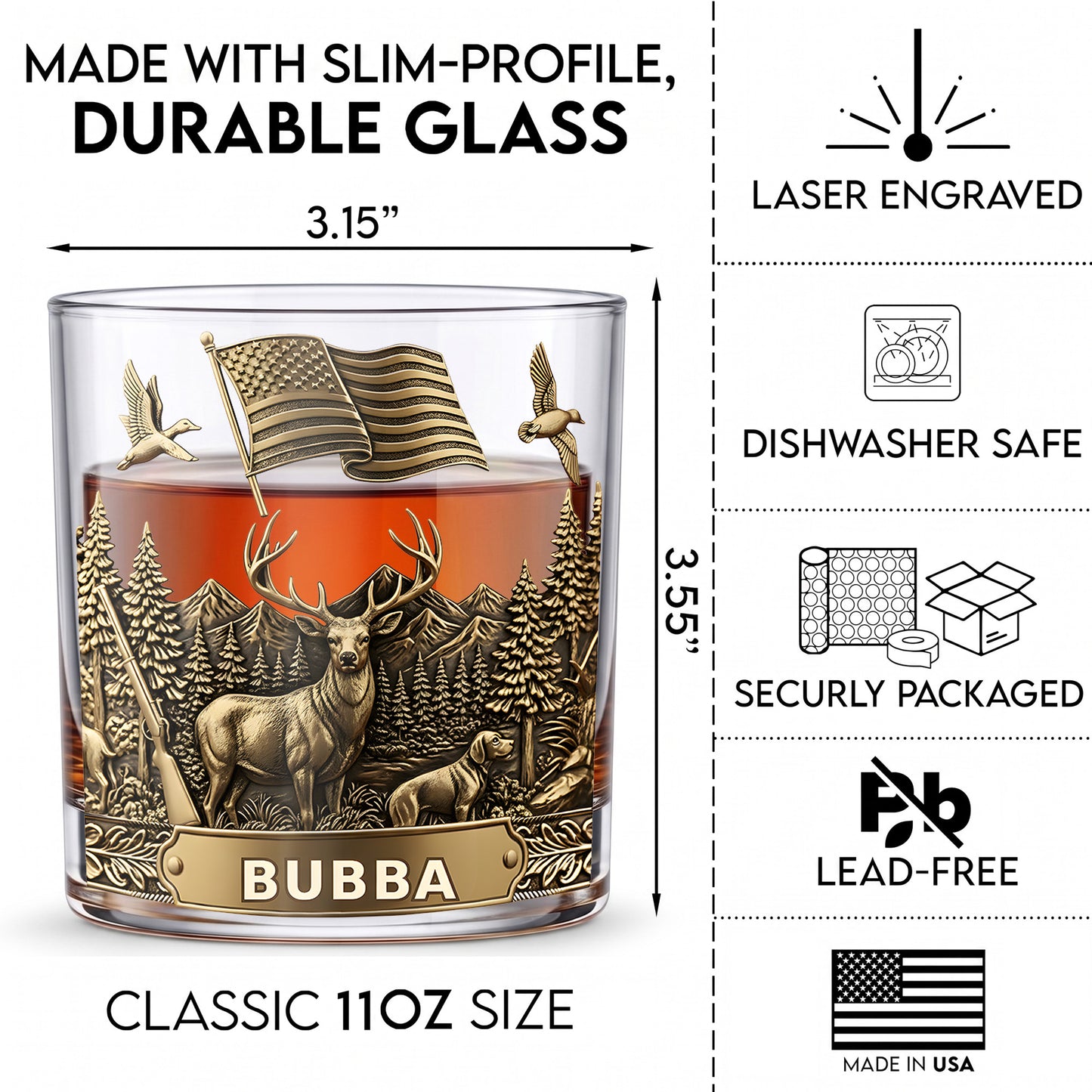 Personalized Hunting Whiskey Glass - Custom Hunter Gift
