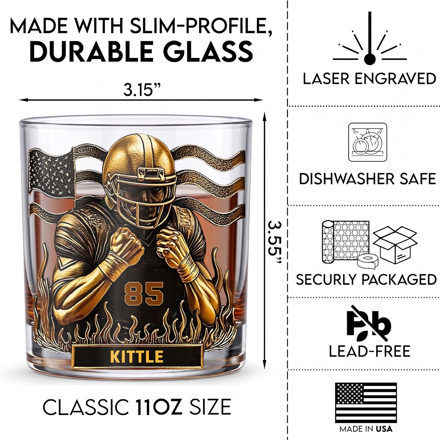 Personalized Football Whiskey Glass - Custom Sports Fan Gift