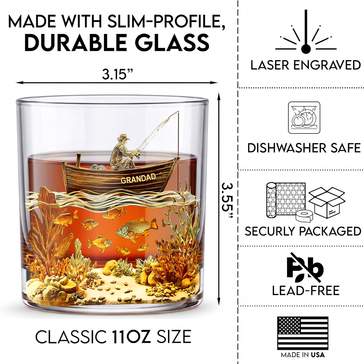 Personalized Fishing Whiskey Glass - Custom Angler Gift for Dad