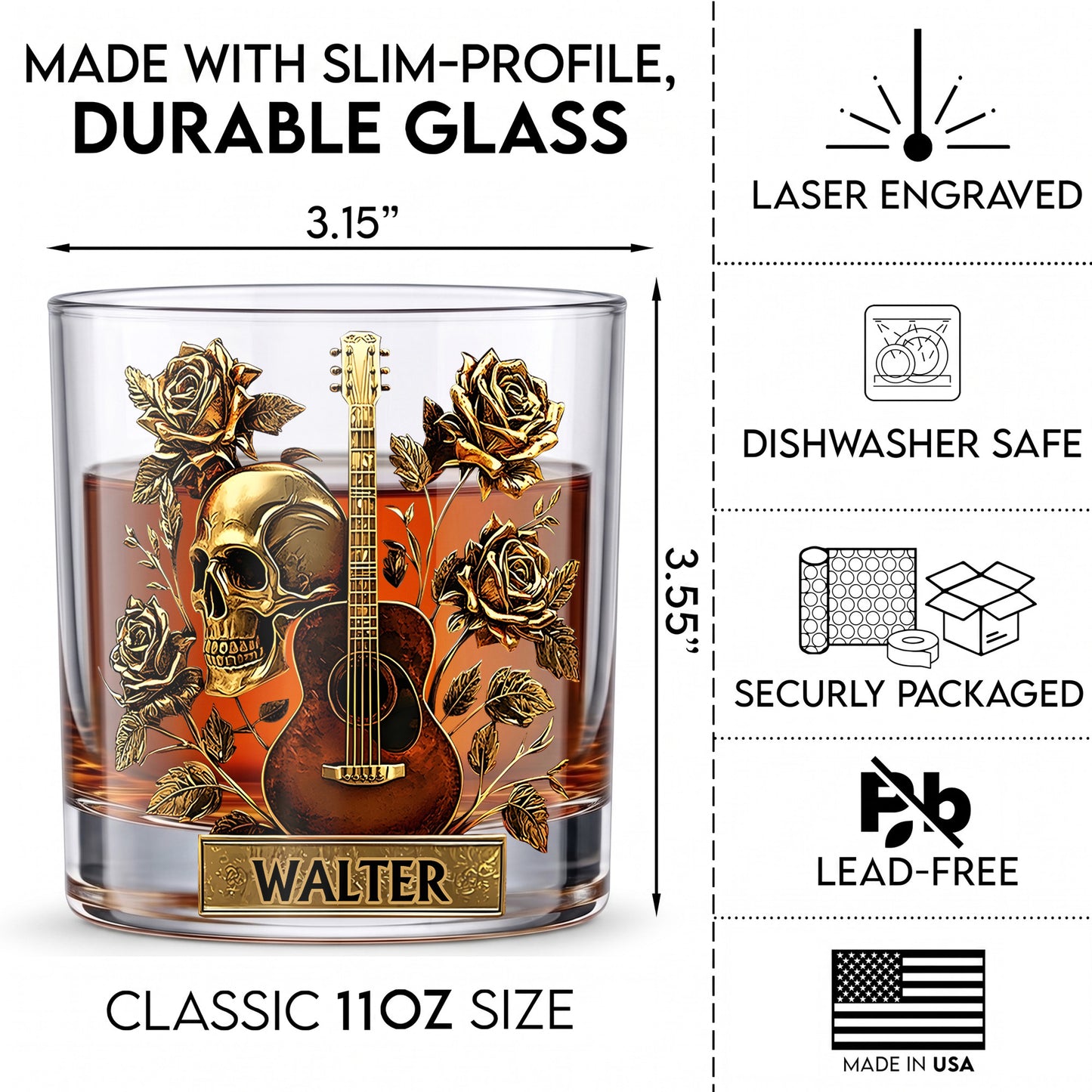 Personalized Guitar Whiskey Glass - Custom Rock Music Gift