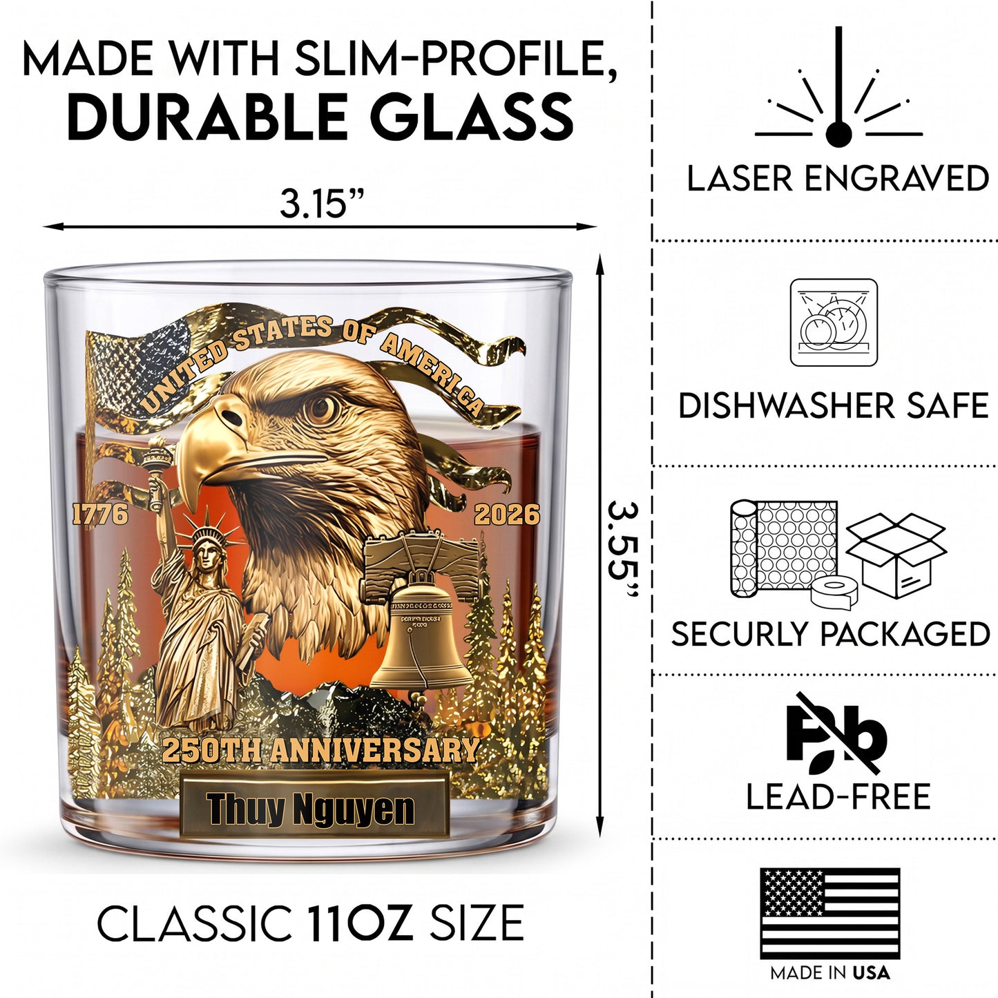 Personalized 250th Anniversary Whiskey Glass - Custom US Gift