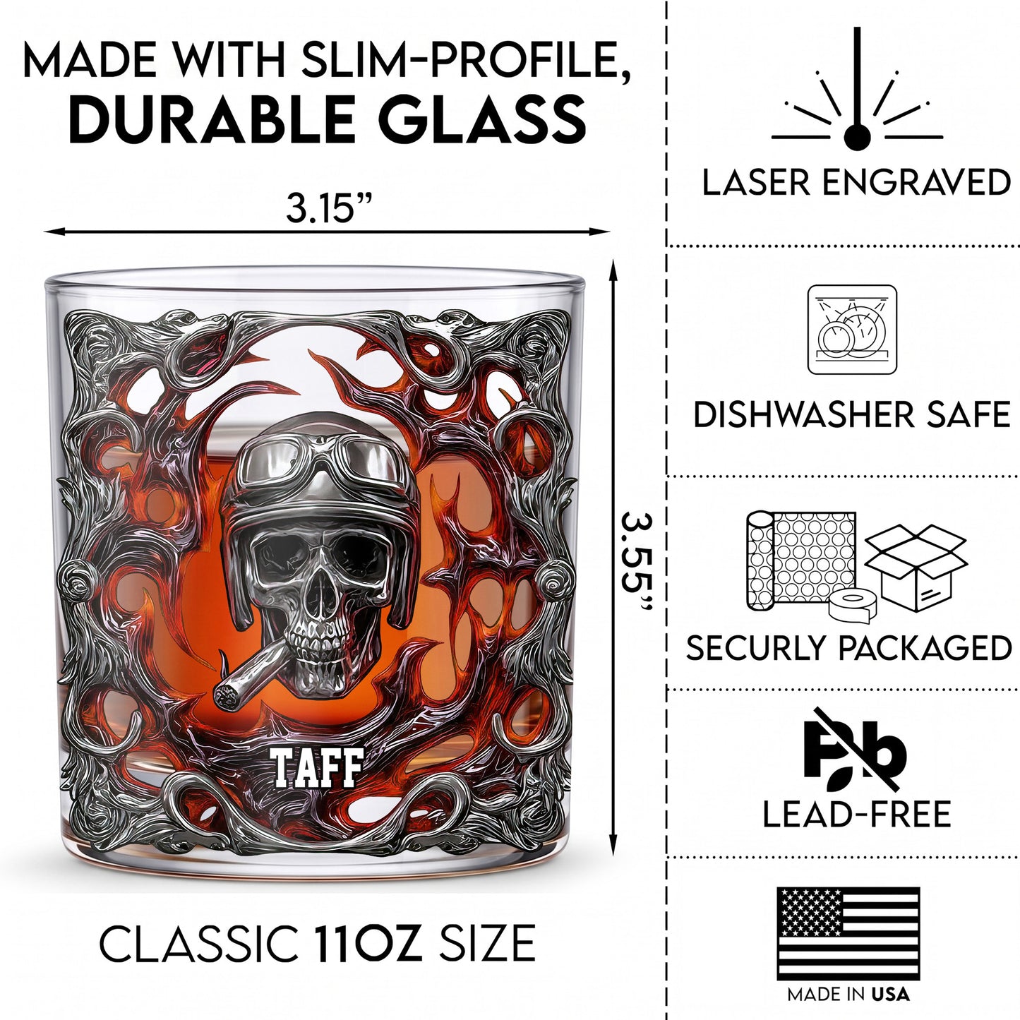 Personalized Biker Whiskey Glass - Custom Ride or Die Skull Gift