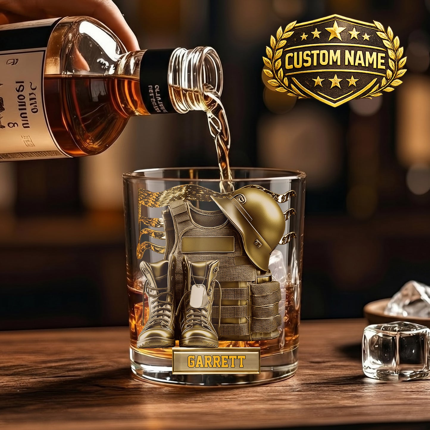 Personalized Military Whiskey Glass - Custom Veteran & Soldier Gift