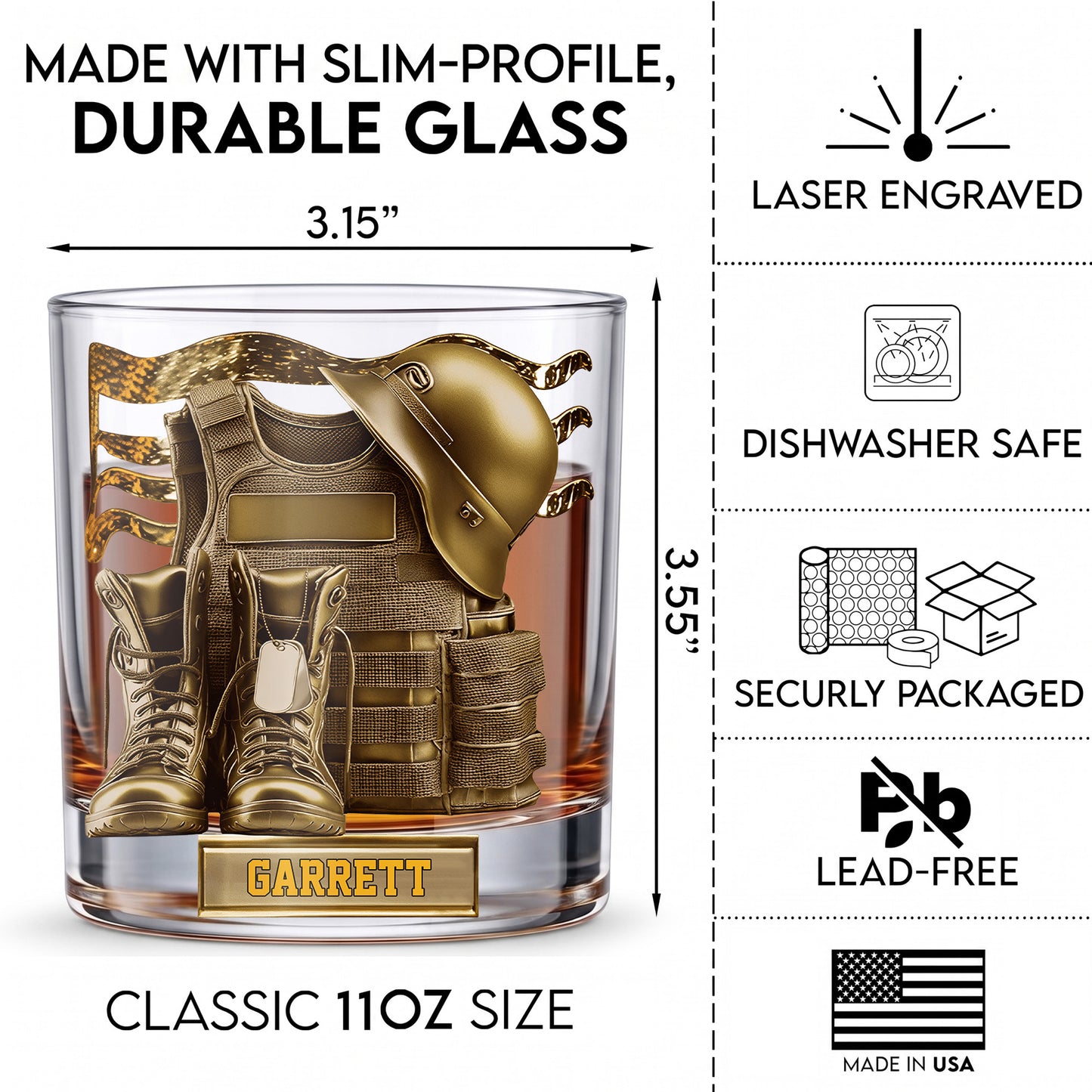 Personalized Military Whiskey Glass - Custom Veteran & Soldier Gift