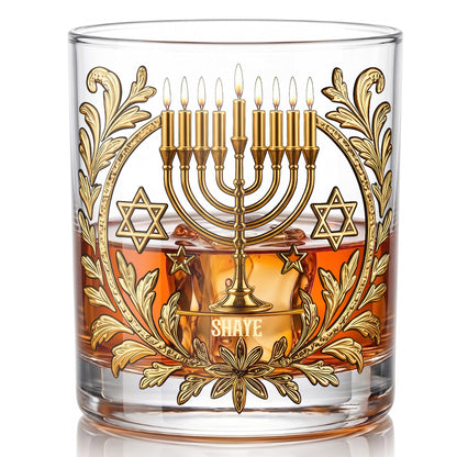 Personalized Hanukkah Whiskey Glass - Custom Holiday Judaica Gift