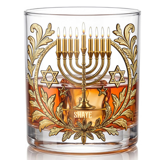 Personalized Hanukkah Whiskey Glass - Custom Holiday Judaica Gift