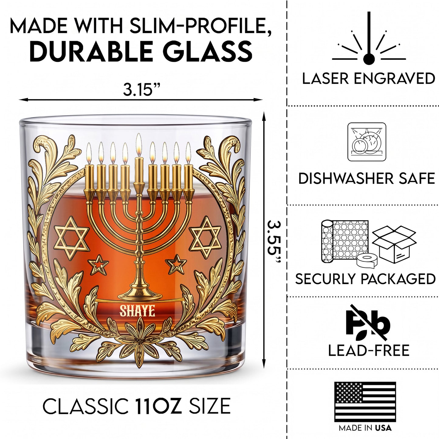 Personalized Hanukkah Whiskey Glass - Custom Holiday Judaica Gift