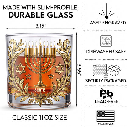 Personalized Hanukkah Whiskey Glass - Custom Holiday Judaica Gift