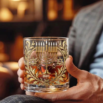 Personalized Hanukkah Whiskey Glass - Custom Holiday Judaica Gift