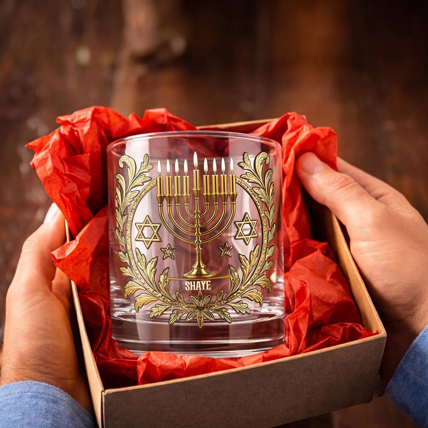 Personalized Hanukkah Whiskey Glass - Custom Holiday Judaica Gift