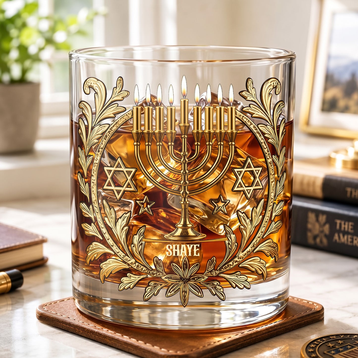 Personalized Hanukkah Whiskey Glass - Custom Holiday Judaica Gift