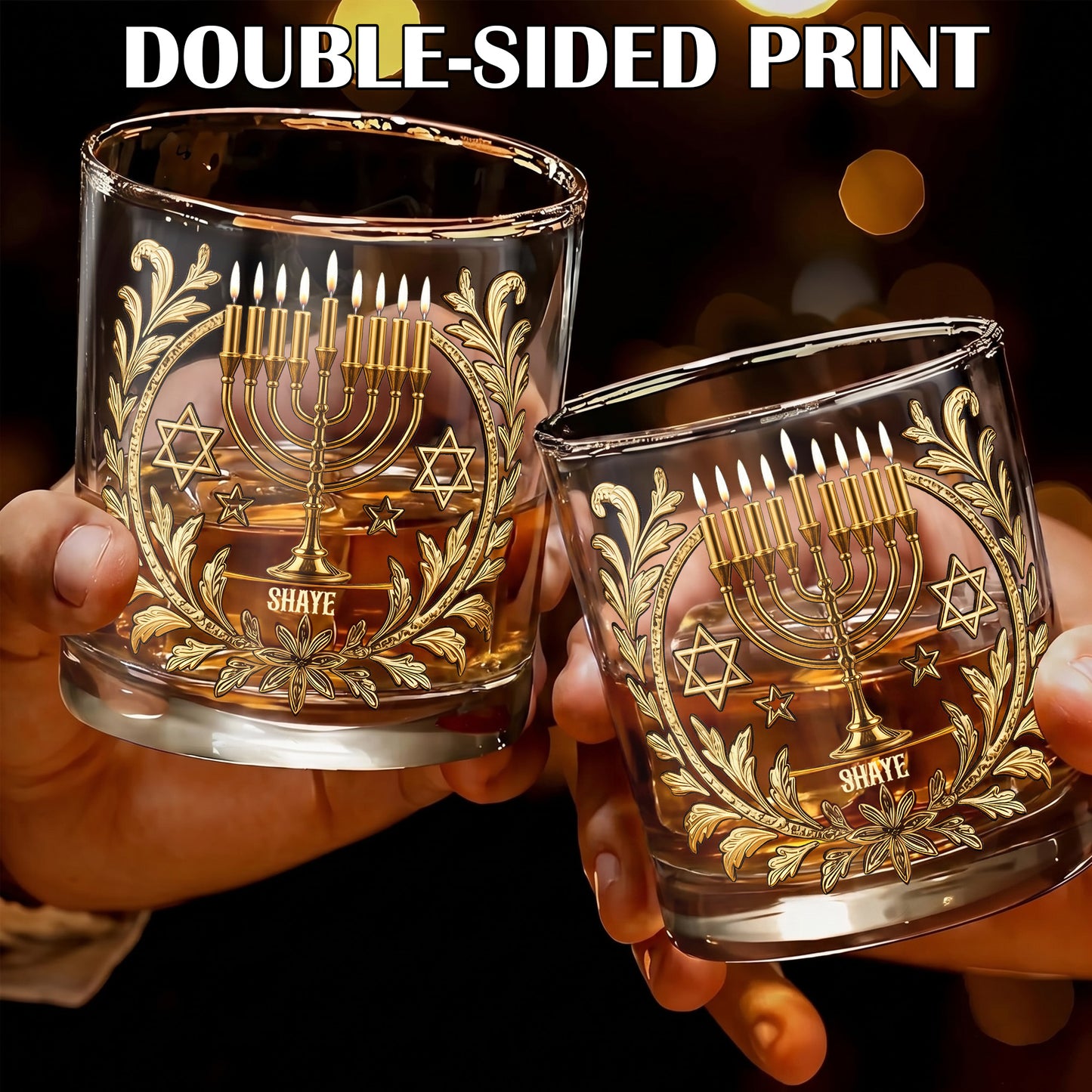 Personalized Hanukkah Whiskey Glass - Custom Holiday Judaica Gift