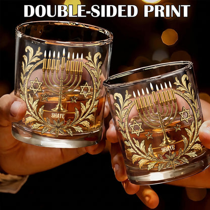 Personalized Hanukkah Whiskey Glass - Custom Holiday Judaica Gift